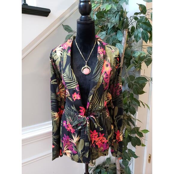 Worthington Blazer Jacket Womens XL Multi Tropical Print Tie Waist Long Sleeve - Picture 1 of 10